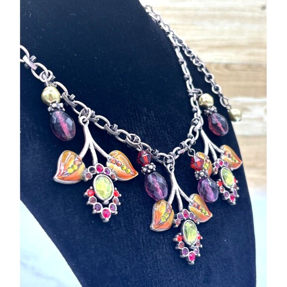 Chicos‎ Floral Rhinestone Statement Necklace 17" Extender Enamel Leaf Silvertone - Picture 5 of 15